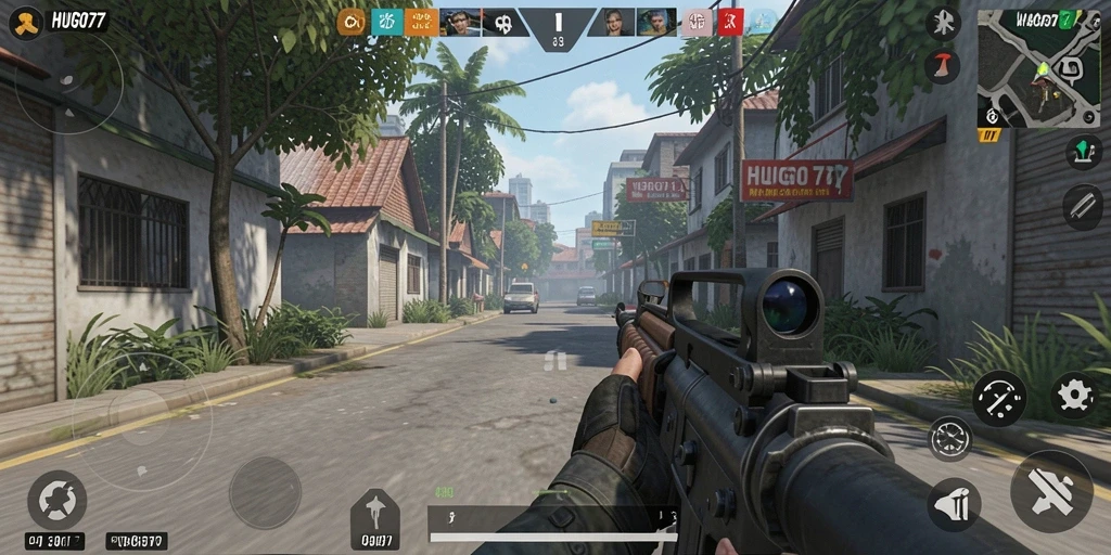 Tangkapan layar HUGO77 menampilkan aksi intens dalam gameplay TPS.