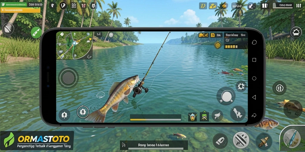 Screenshot gameplay ORMASTOTO yang menunjukkan aksi memancing yang mendebarkan.