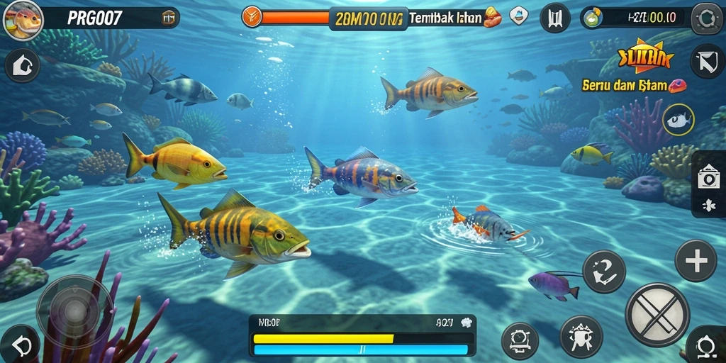 Screenshot utama PRG007 menampilkan aksi memancing ikan yang seru.