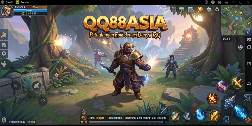 Screenshot gameplay <strong>QQ88ASIA</strong> yang menunjukkan pertarungan epik dan dunia yang menakjubkan.