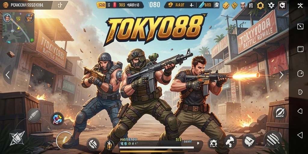 Screenshot utama TOKYO88 menunjukkan aksi seru dalam pertarungan Battle Royale.